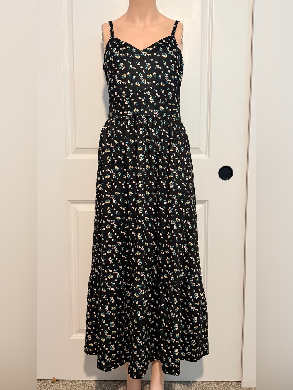 Black Floral Maxi Dress with Blue and Cream Ditsy Print